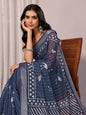 Janasya Navy Blue Cotton Linen Geometric Printed Saree