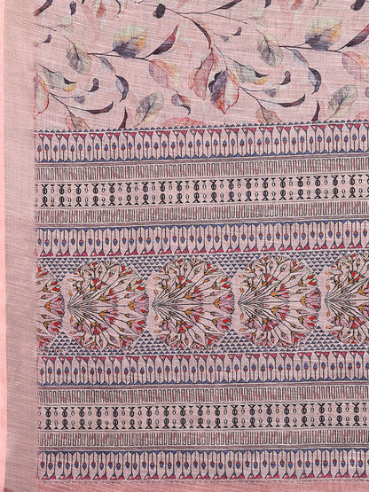 Janasya Light Pink Cotton Linen Floral Printed Saree