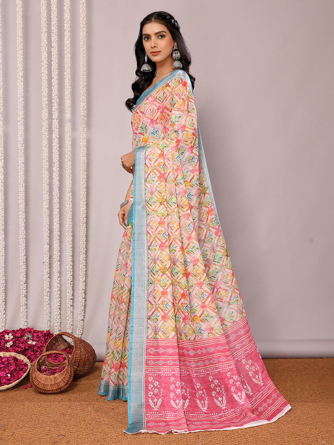 Janasya Multicolor Cotton Linen Floral Printed Saree