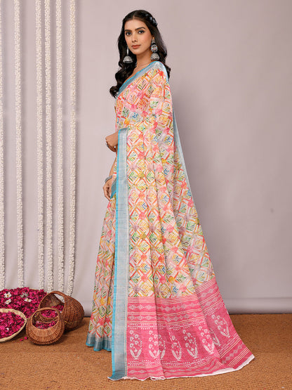 Janasya Multicolor Cotton Linen Floral Printed Saree