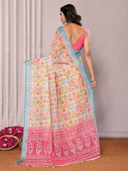 Janasya Multicolor Cotton Linen Floral Printed Saree