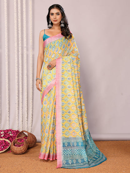 Janasya Yellow Cotton Linen Ethnic Motifs Printed Saree