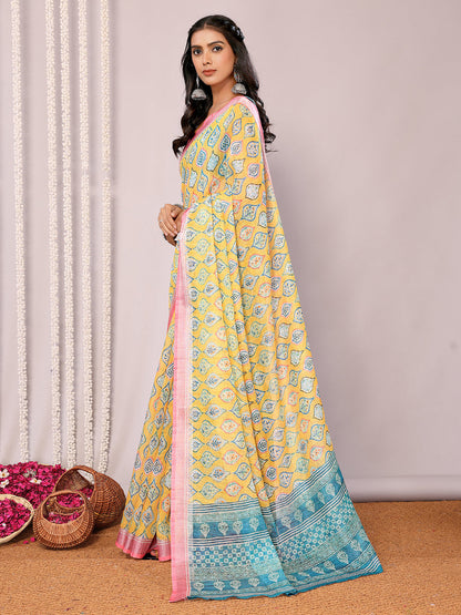 Janasya Yellow Cotton Linen Ethnic Motifs Printed Saree