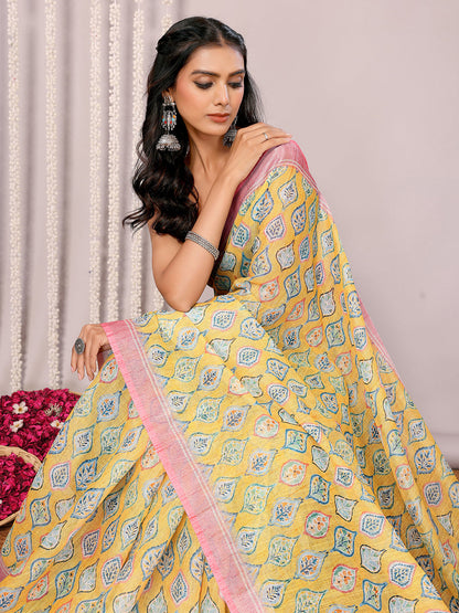 Janasya Yellow Cotton Linen Ethnic Motifs Printed Saree
