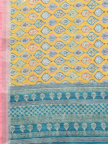 Janasya Yellow Cotton Linen Ethnic Motifs Printed Saree