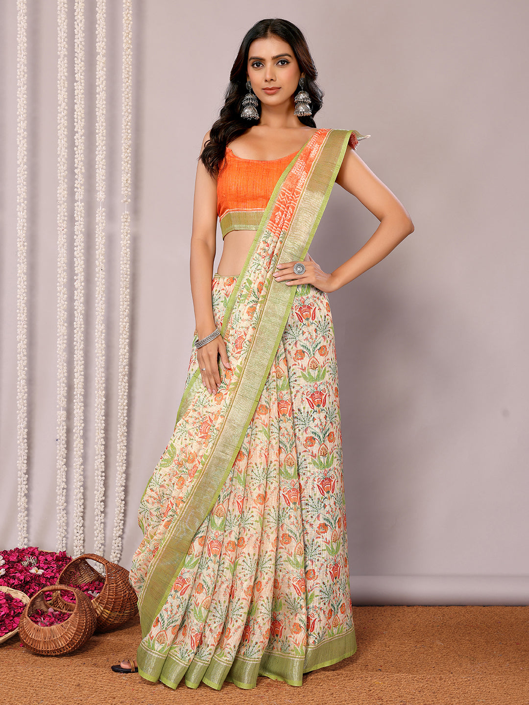 Janasya Light Green Cotton Linen Floral Printed Saree