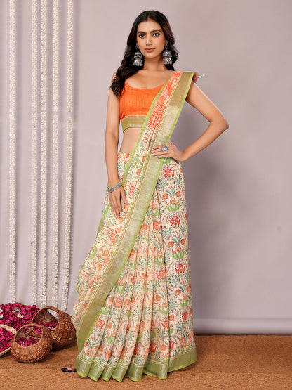 Janasya Light Green Cotton Linen Floral Printed Saree
