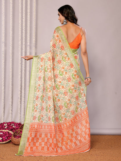 Janasya Light Green Cotton Linen Floral Printed Saree
