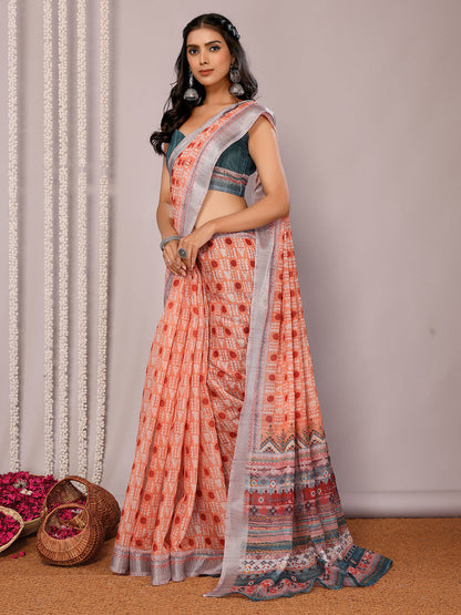 Janasya Orange Cotton Linen Block Print Printed Saree