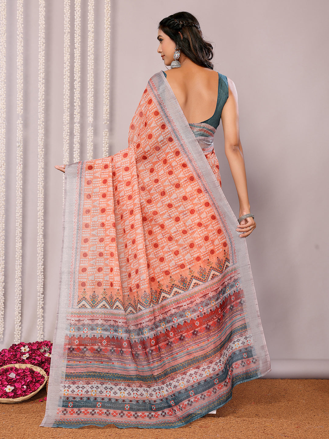 Janasya Orange Cotton Linen Block Print Printed Saree