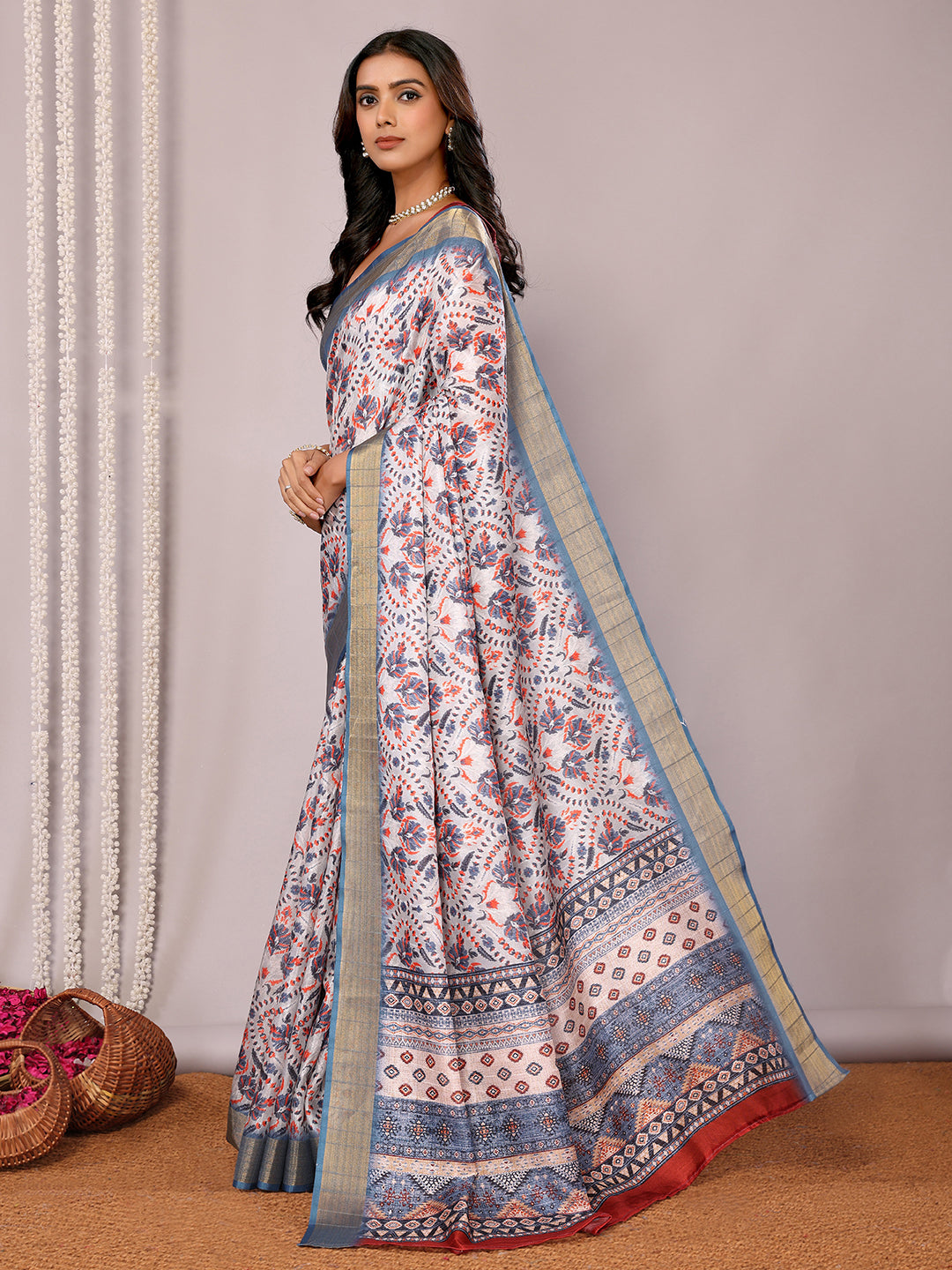 Janasya Light Blue Chanderi Silk Ethnic Print Printed Saree