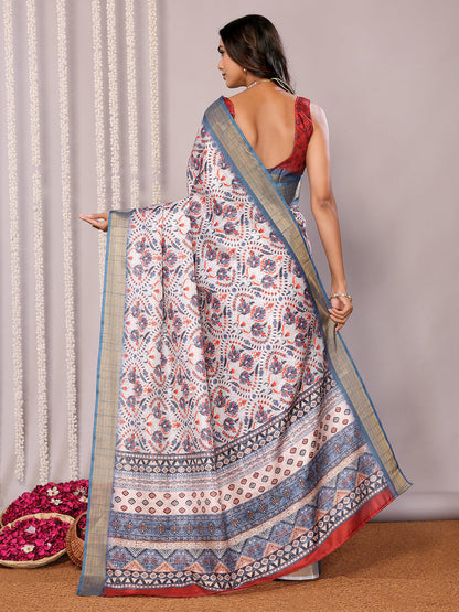 Janasya Light Blue Chanderi Silk Ethnic Print Printed Saree