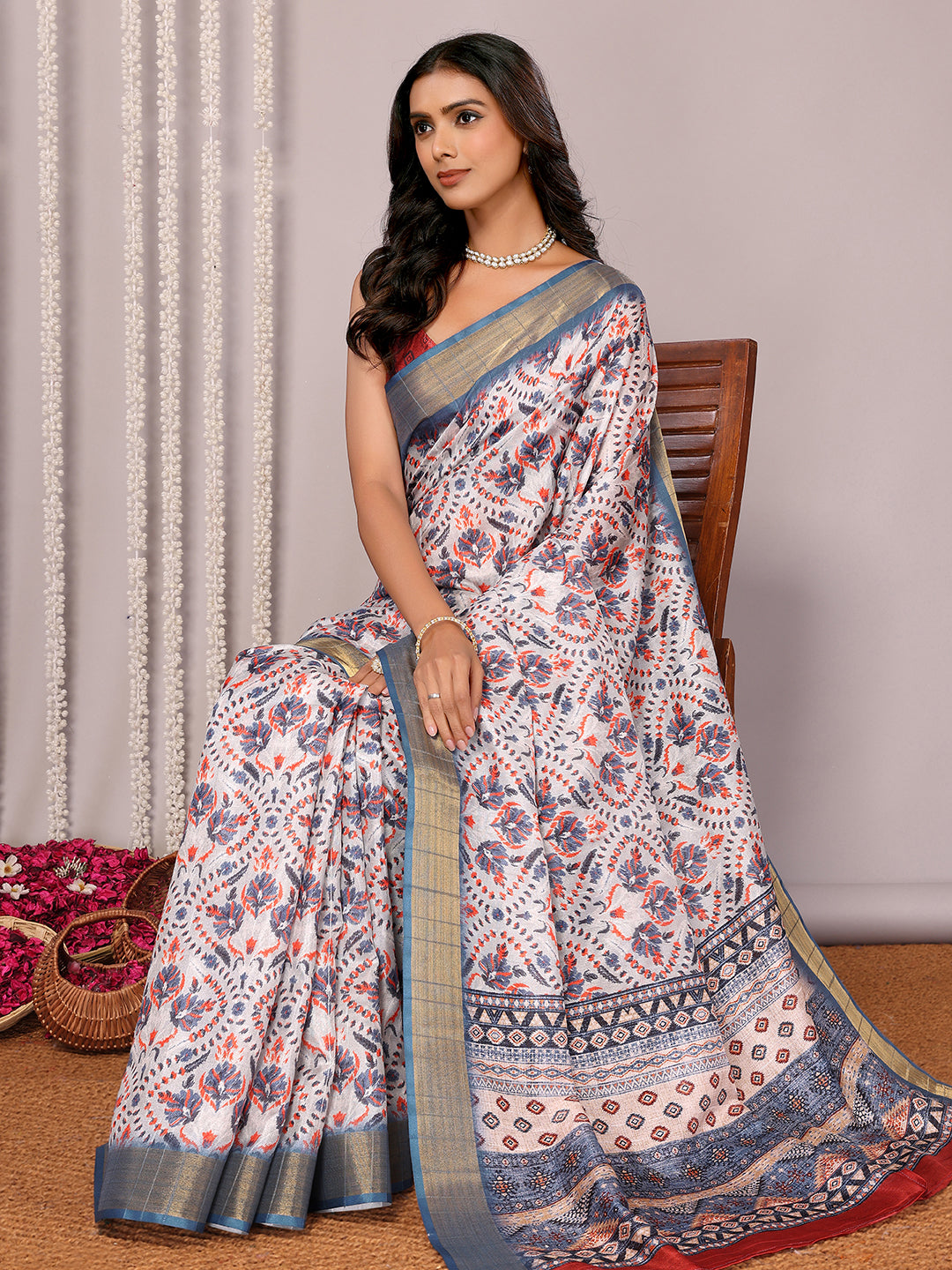 Janasya Light Blue Chanderi Silk Ethnic Print Printed Saree