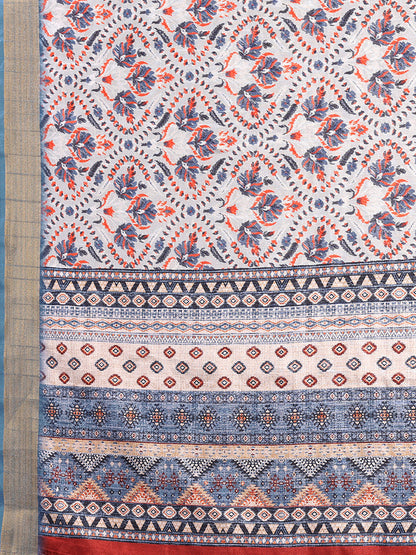 Janasya Light Blue Chanderi Silk Ethnic Print Printed Saree