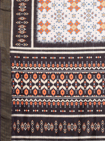 Janasya White & Black Chanderi Silk Ikkat Printed Saree