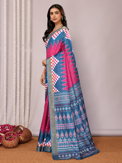 Janasya Pink & Blue Chanderi Silk Geometric Printed Saree