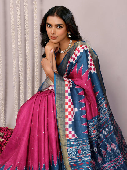 Janasya Pink & Blue Chanderi Silk Geometric Printed Saree