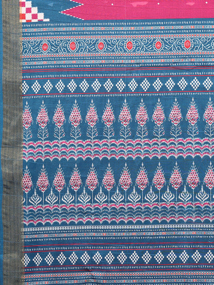 Janasya Pink & Blue Chanderi Silk Geometric Printed Saree