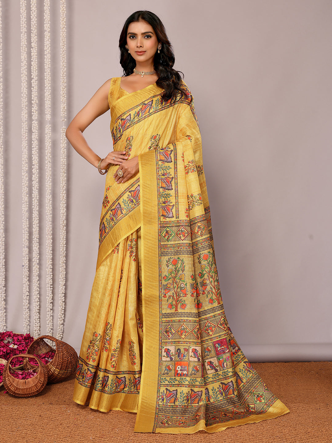 Janasya Yellow Chanderi Silk Kalamkari Printed Saree