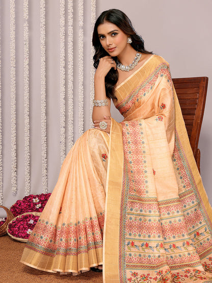 Janasya Beige Chanderi Silk Floral Printed Saree