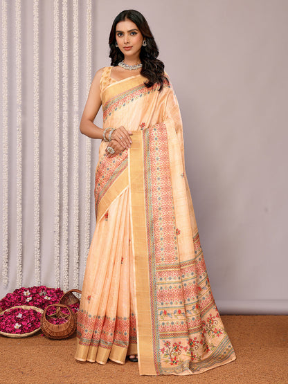 Janasya Beige Chanderi Silk Floral Printed Saree