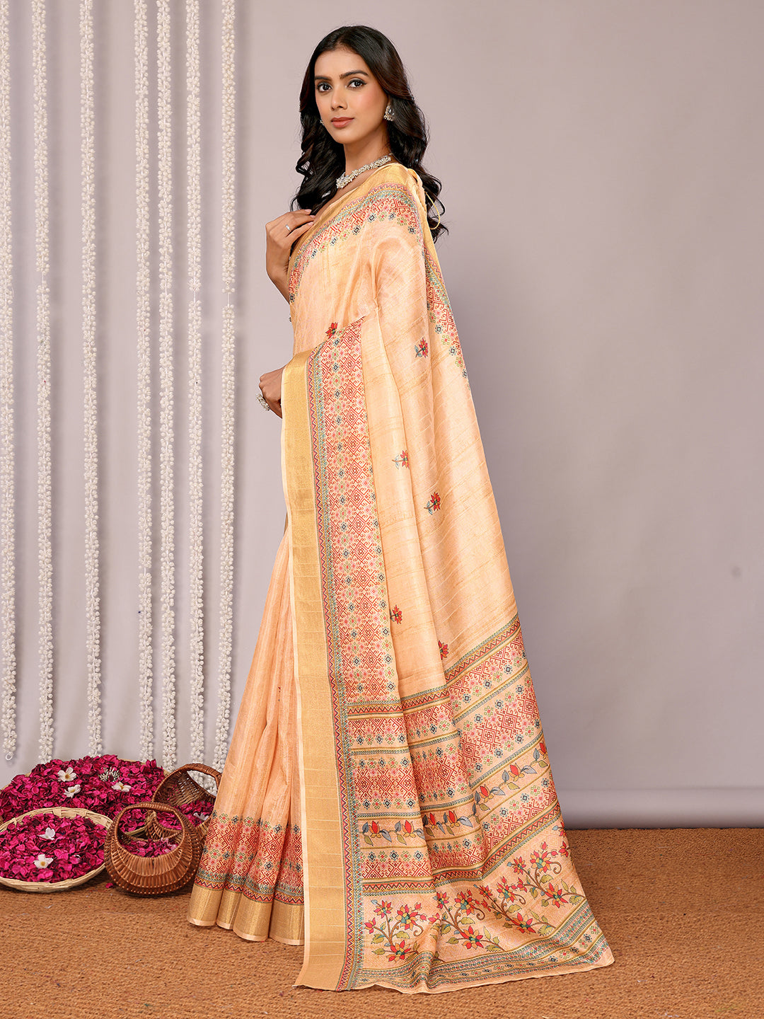 Janasya Beige Chanderi Silk Floral Printed Saree