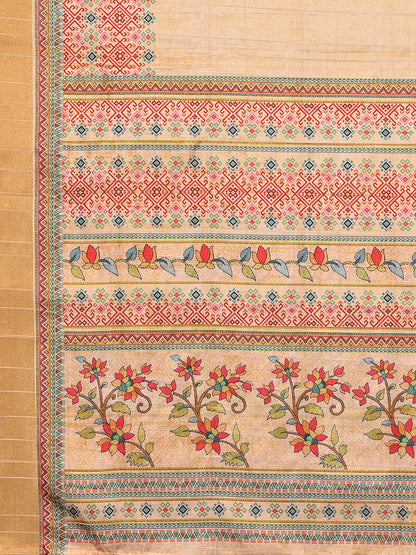 Janasya Beige Chanderi Silk Floral Printed Saree