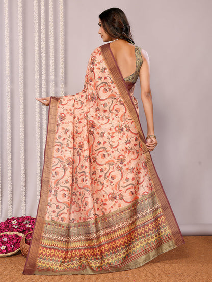 Janasya Peach Chanderi Silk Floral Printed Saree