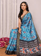Janasya Blue Chanderi Silk Ikkat Printed Saree