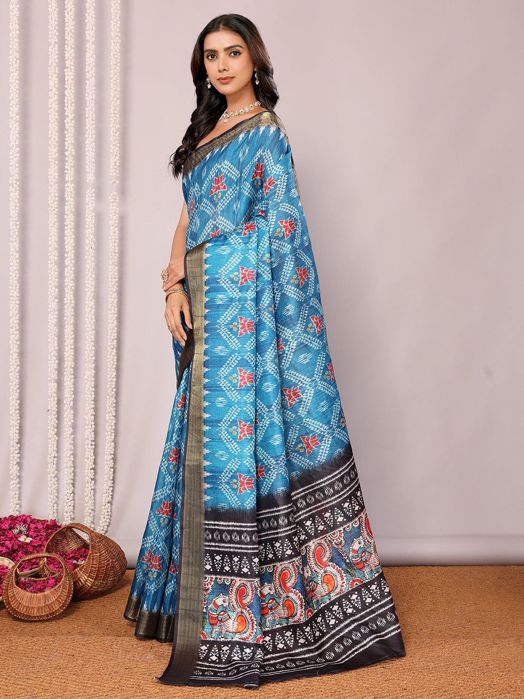 Janasya Blue Chanderi Silk Ikkat Printed Saree