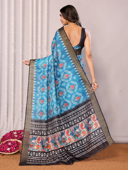 Janasya Blue Chanderi Silk Ikkat Printed Saree