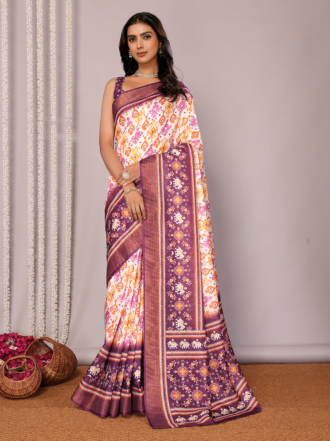 Janasya White & Purple Chanderi Silk Ikkat Printed Saree