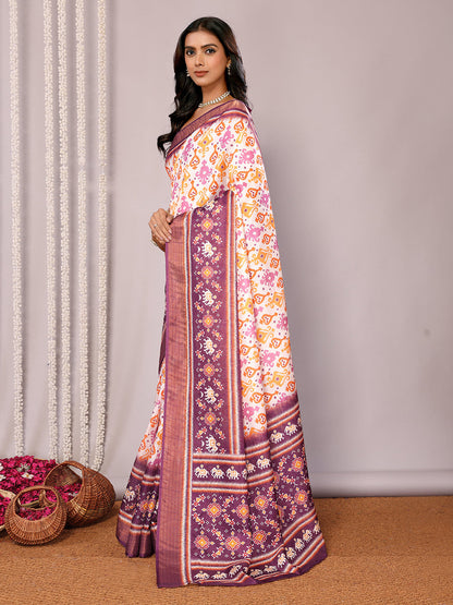 Janasya White & Purple Chanderi Silk Ikkat Printed Saree