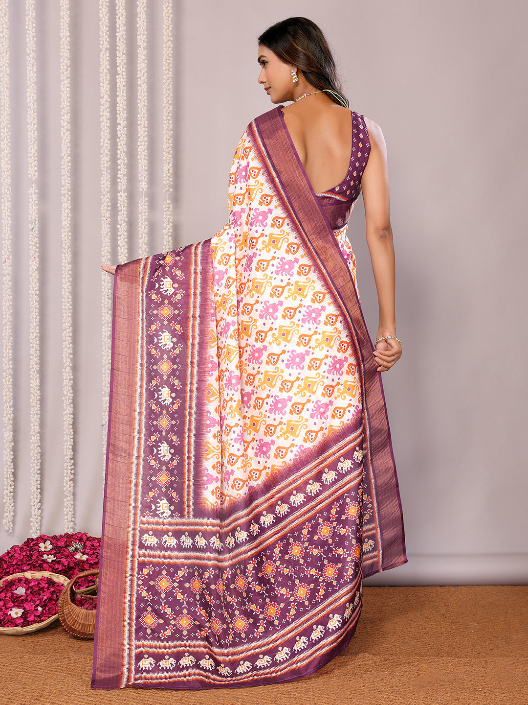 Janasya White & Purple Chanderi Silk Ikkat Printed Saree