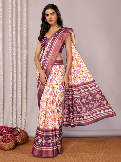 Janasya White & Purple Chanderi Silk Ikkat Printed Saree