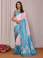 Janasya Blue Chanderi Silk Ikkat Printed Saree