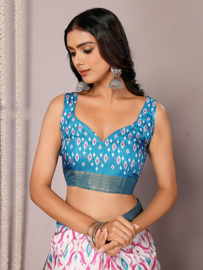 Janasya Blue Chanderi Silk Ikkat Printed Saree