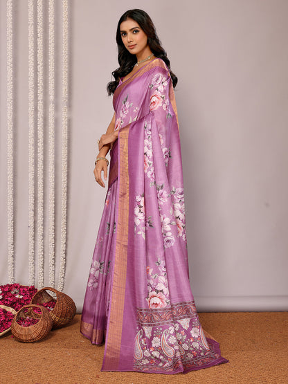 Janasya Purple Chanderi Silk Floral Printed Saree