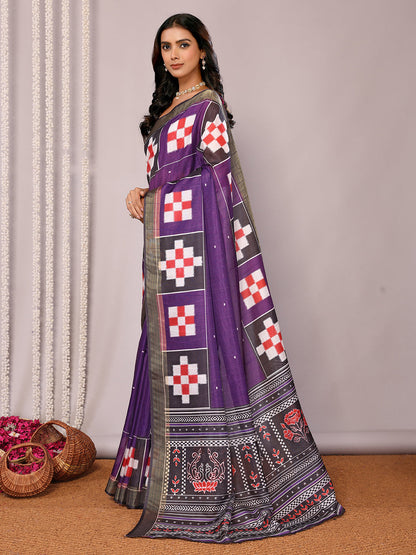 Janasya Purple Chanderi Silk Geometric Printed Saree
