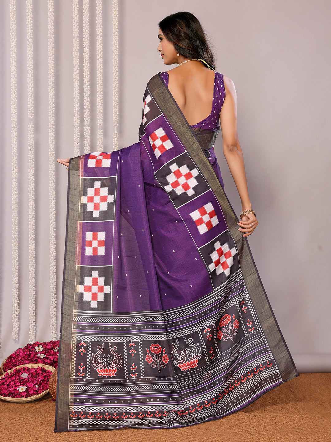 Janasya Purple Chanderi Silk Geometric Printed Saree