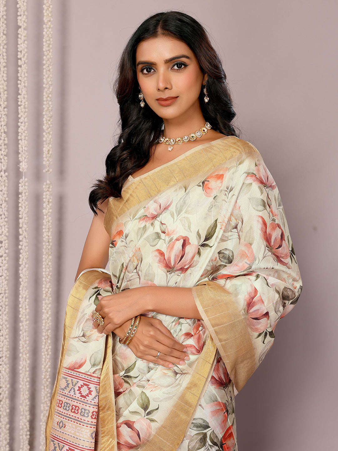 Janasya Cream Chanderi Silk Floral Printed Saree