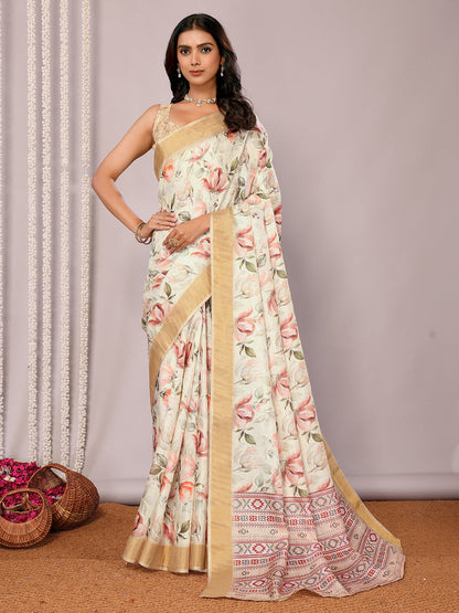 Janasya Cream Chanderi Silk Floral Printed Saree
