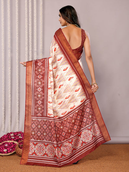 Janasya Cream Chanderi Silk Ikkat Printed Saree