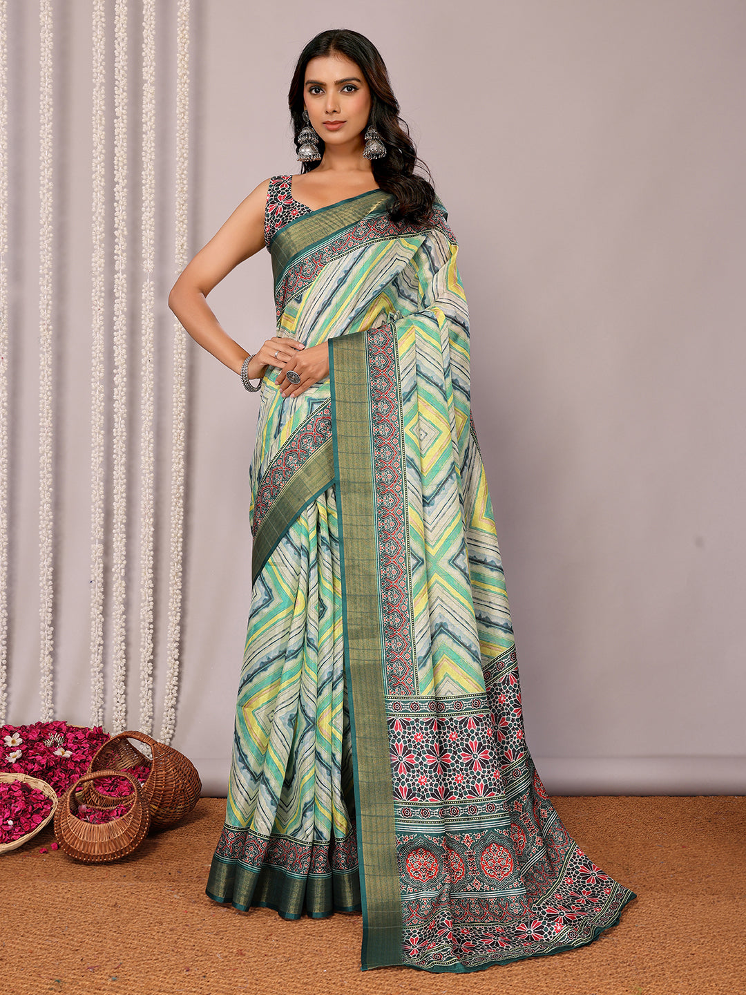 Janasya Green Chanderi Silk Chevron Printed Saree