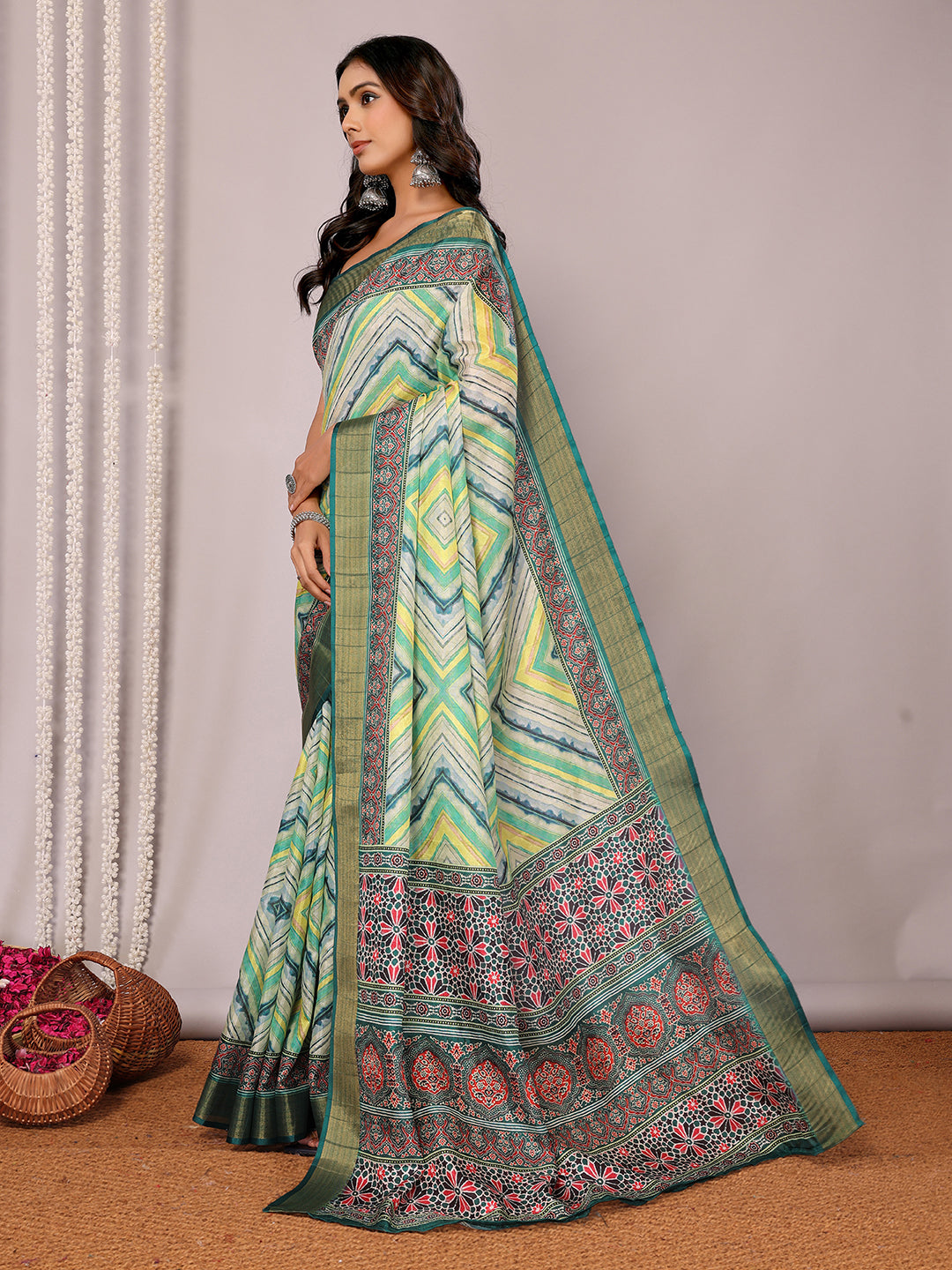 Janasya Green Chanderi Silk Chevron Printed Saree