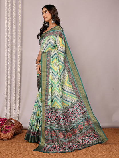 Janasya Green Chanderi Silk Chevron Printed Saree