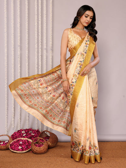 Janasya Beige Chanderi Silk Floral Printed Saree