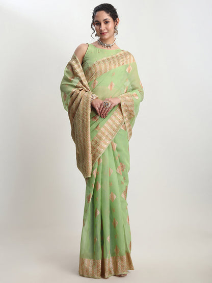 Janasya Green Linen Blend Geometric Jacquard Saree