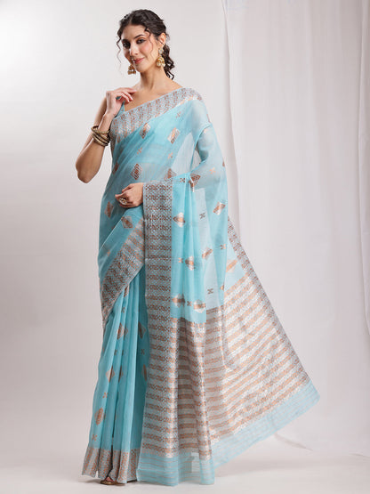 Janasya Sky Blue Linen Blend Geometric Jacquard Saree