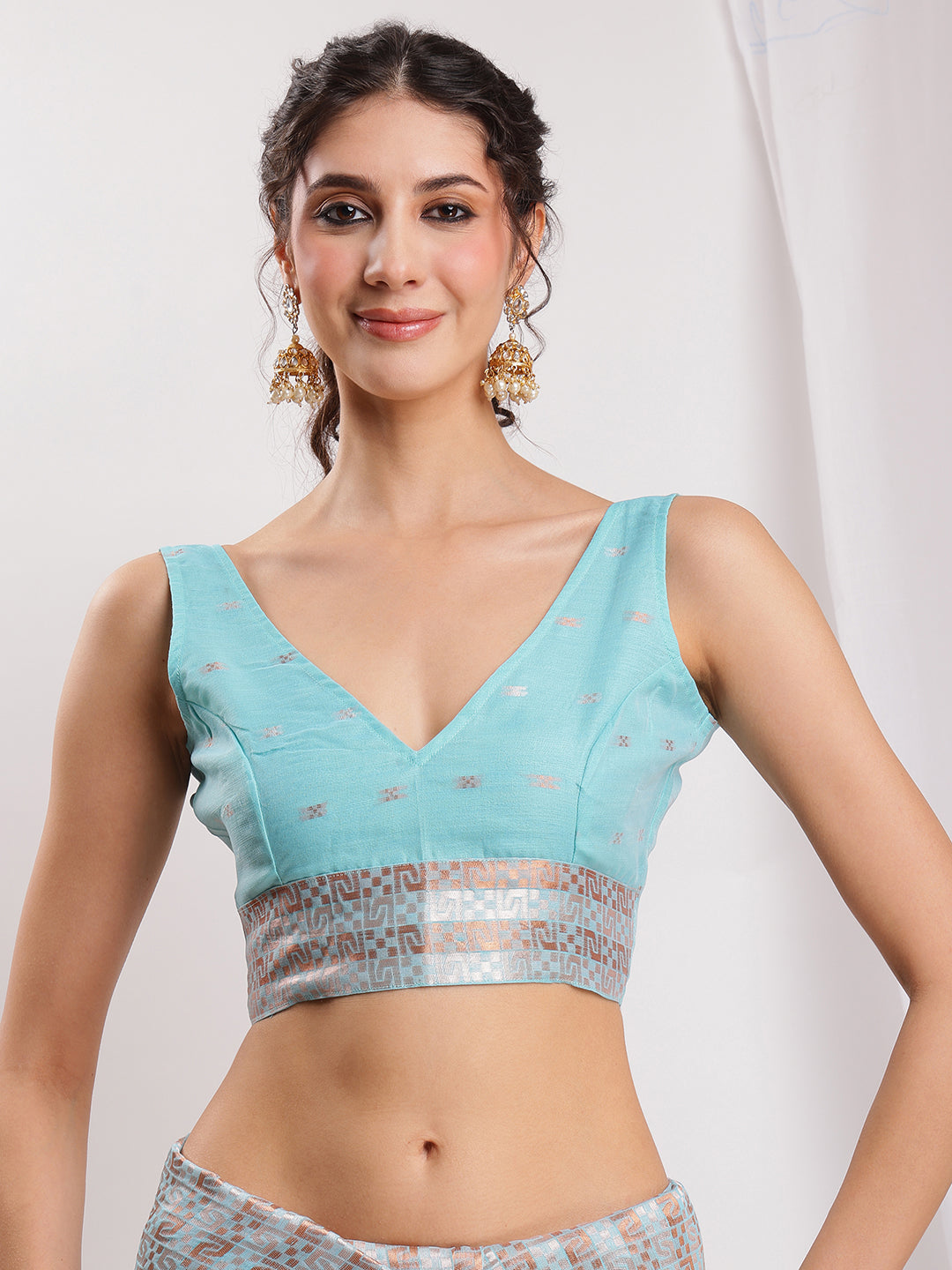 Janasya Sky Blue Linen Blend Geometric Jacquard Saree